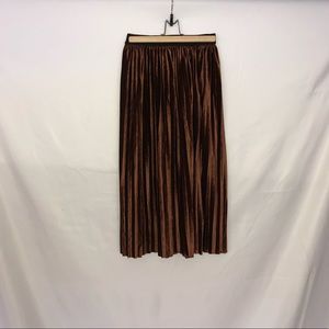 Brown Velvet Pleated Midi Skirt